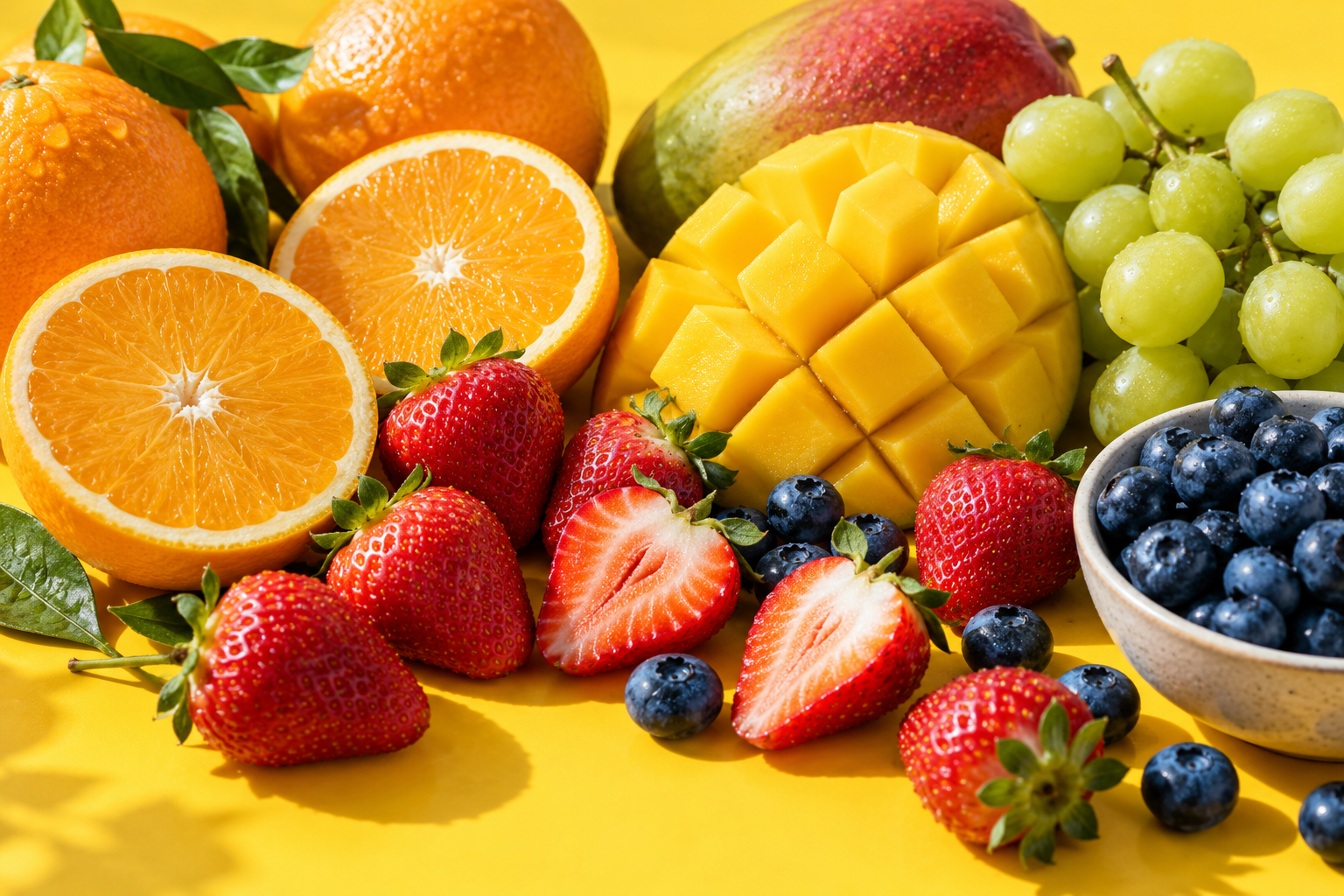 Ilustrasi aneka buah berwarna cerah: stroberi, jeruk, mangga, anggur, dan blueberry